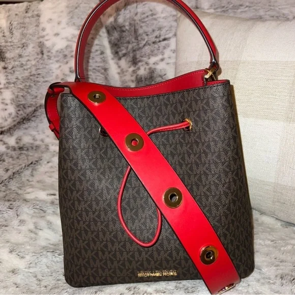 Michael Kors Signature Suri Large Bucket Bag in Flame W/ MK Grommet Strap - Picture 7 of 10